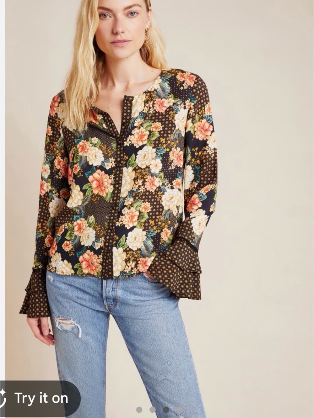 FARM Rio Anthropology Siobhan Collab Black Floral Buttonup Blouse bell-sleeve L